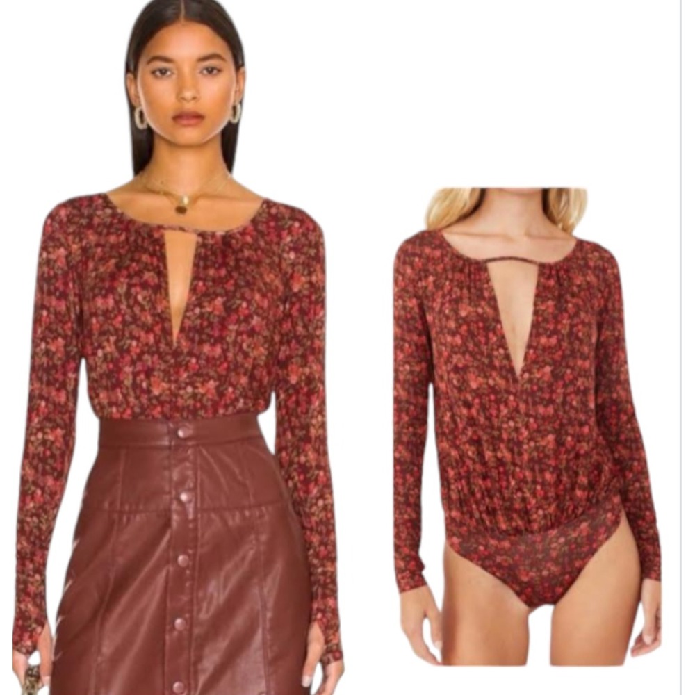Free People Intimately Kaya Print Cutout Bodysuit Chocolate Combo Womens Medium